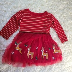 Red Striped Dress with Embroidered Reindeer Design 2T